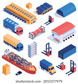 Set of isolated logistic icons with isometric images of trucks and cargo ships with storage containers vector illustration