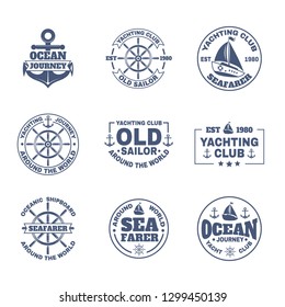 Set of isolated logo with boat or ship. Icons with yacht and anchor for journey around the world, nautical signs or maritime emblem, international travel badge with navy vessel and ship’s wheel.