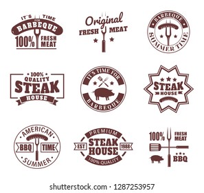 Set of isolated logo for meat restaurant. Icon for bbq shop or barbecue store. Sticker or banner for steakhouse with pig and sausage. Emblem with pork or sign with knife for bistro.Meal and food theme