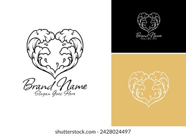 Conjunto de onda marina aislada del logotipo en forma de corazón, onda oceánica del corazón incoloro negro y blanco contorno dibujo. 
