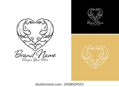 Conjunto de onda marina aislada del logotipo en forma de corazón, onda oceánica del corazón incoloro negro y blanco contorno dibujo. 
