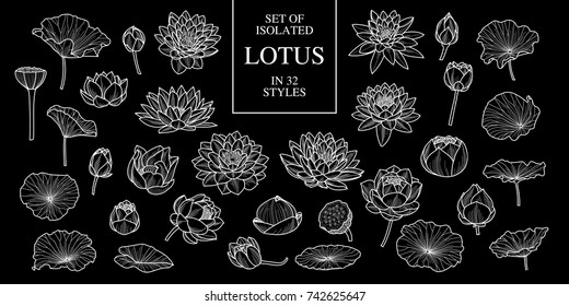 Set of isolated lotus in 36 styles. Cute hand drawn flower vector illustration only white outline on black background.