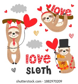 set of isolated love sloth with gifts
