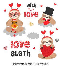 set of isolated love sloth with hearts
