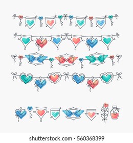 Set of isolated love theme icons and bunting, Valentine's day and wedding mono line design elements, romantical decorations with hearts