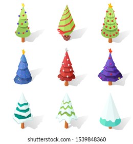 Set of isolated low poly Christmas trees on a white background. Vector isometric illustration.