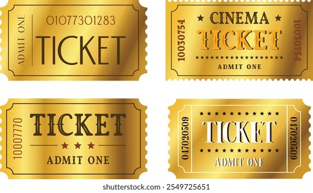 Set of isolated luxury golden tickets. Admit one ticket template. Cinema ticket. Gold ticket for event