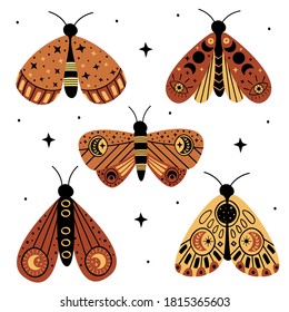 set of isolated  magic moths and butterflies