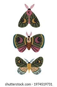 set of isolated  magic moths and butterflies