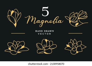 Conjunto de magnolias aisladas de 5 estilos. Ilustración de vector de flores dibujada a mano en contorno negro y plano blanco en fondo oscuro. Magnolia Logos