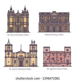 Set of isolated Maltese famous landmarks or Malta historical buildings. Saint Paul and St. John cathedral, National library and Red or Agatha, Mellieha Fort Tower. Sightseeing, historical architecture