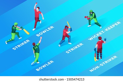 Set of isolated man at cricket fielding positions name. Bowler and striker, wicket-keeper and non-striker. Cricketer batsman and fielder, batter practise with ball and bat. Sport and game theme