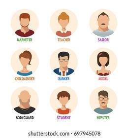 Set of isolated man and woman faces for different professions. Icons for marketer and teacher, sailor and childminder, banker and model, bodyguard and student, hipster with glasses. People theme