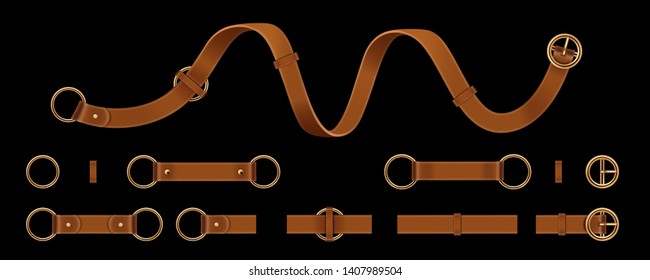 Set of isolated man and woman leather or lethern belt. Clasp and chain, tassel and metallic ring straps, metal buckle or cuff for male and female clothing accessories. Fashion and uniform, cloth