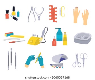 Set of isolated manicure flat icons with hands in gloves makeup instruments scissors and fingernail files vector illustration