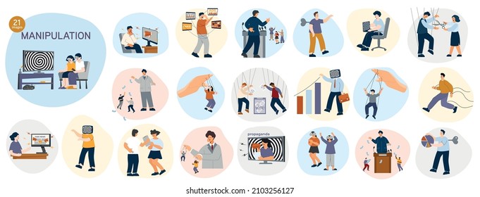 Set of isolated manipulation round conceptual icons with flat compositions of people mentally abusing each other vector illustration