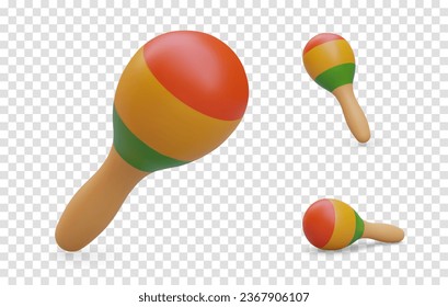 Set of isolated maracas in different positions. Folk percussion and noise musical instrument. Color realistic image. Wooden children toy. Vector icons