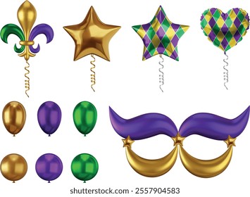 set of isolated mardi gras party balloons. shar shaped balloons, heart shaped balloon, lily shaped balloon and mask shaped balloon. collection of heloim balloons with mardi gras colors