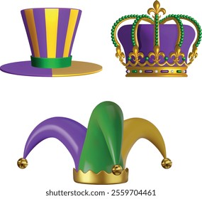 set of isolated mardi gras party hats. collection of caps with mardi gras colors