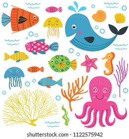 set of isolated with marine animals  part 1 - vector illustration, eps