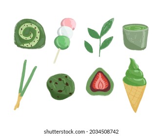 Set of isolated matcha japanese sweets, different tasty desserts. Green tea products made from matcha, ice cream, cookie, daifuku, dango, cake roll. Vector illustration EPS 10