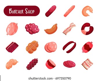 Set of isolated meat products for butcher shop. Roulade steak and pork, swine or pig sausage, zrazy and bacon meatloaf and salmon, sliced beef sausage, wurst. Food ingredient and snack theme