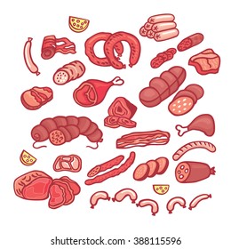 Set of isolated meat products on white background in vector. Funny hand drawn illustration of different types of meat in cartoon style. Doodle sketches of sausages, wurst, ham and bacon