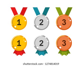 A set of isolated medals in flat style. Golden medal. Silver medal. Bronze medal. Reward.