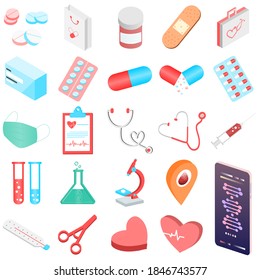 Set of isolated medical healthcare. Isometric icon for first aid kid tools, items of medical emergency box, thermometer, drug, pills, plaster, bandage, medicine, syringe, pills, face mask, lab, heart.