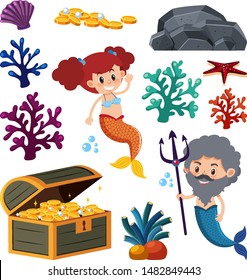 Set of isolated mermaid and coral illustration