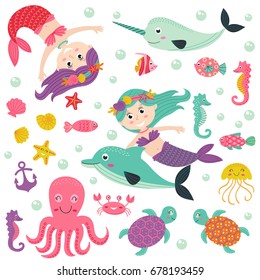 set of isolated mermaid with marine animals -  vector illustration, eps