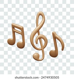 Set of isolated metallic musical notes, treble clef. Vector realistic templates, glowing elements