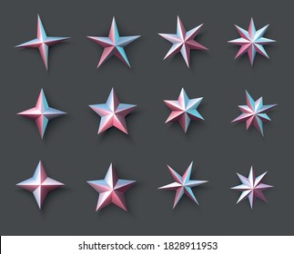 Set of isolated metallic stars of pink and blue shades. Grey background. Vector holiday illustration.