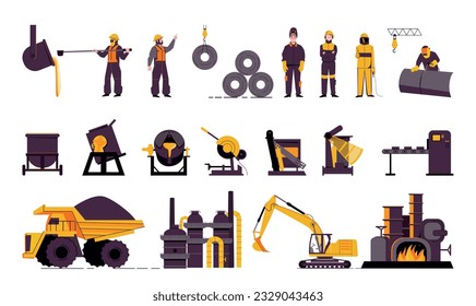 Set with isolated metallurgy production icons and flat images of industrial workers machinery excavator and truck vector illustration