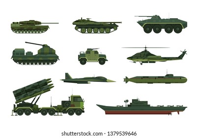 Set Of Isolated Military Vehicle Icons. Tank And Aircraft, Helicopter And Submarine, Boat Or Frigate, Hammer And Airplane, Aircraft Protection Truck, Ground Machines. War And Navy, Air And Artillery