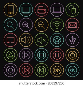 Set of Isolated Minimal Simple Multimedia Thin White Line Icons on Minimal Circular Buttons on Black Background.