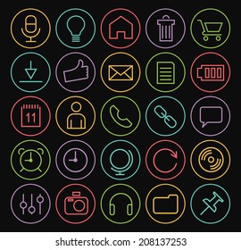 Set of Isolated Minimal Simple Multimedia Thin White Line Icons on Minimal Circular Buttons on Black Background.