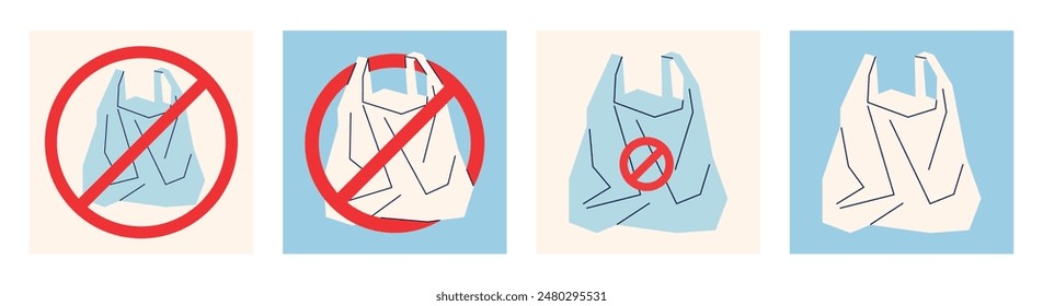  Set of Isolated Minimalistic square element, poster, banner, postcard International Plastic Bag Free Day, July 3rd, crossed out sign, stop sign, no plastic, zero waste Vector EPS10