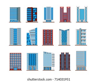 Set of isolated modern buildings. Skyscraper icons for urban or cityscape architecture, metropolis or downtown sight, high estate or tall house, government buildings exterior view. Construction theme