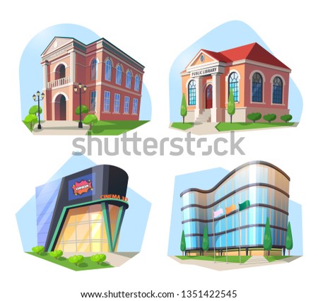 Set of isolated modern buildings and skyscraper. Cinema and public library, theater or theatre, movie or film, ballet institution. City landmarks and sightseeing, culture and architecture theme