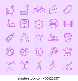 Set of Isolated Modern Minimalistic Simple Fitness Thin Line Icons on Color Background. 