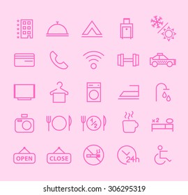 Set of Isolated Modern Minimalistic Simple Hotel Thin Line Icons on Color Background. 