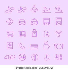 Set of Isolated Modern Minimalistic Simple Airport Thin Line Icons on Color Background. 
