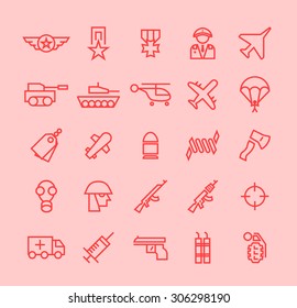 Set of Isolated Modern Minimalistic Simple War Thin Line Icons on Color Background. 