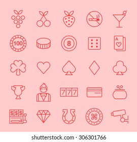 Set of Isolated Modern Minimalistic Simple Casino Thin Line Icons on Color Background. 