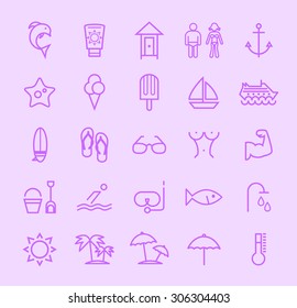 Set of Isolated Modern Minimalistic Simple Beach Thin Line Icons on Color Background. 