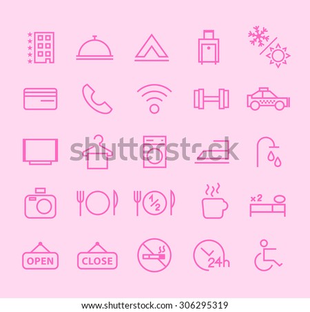 Set of Isolated Modern Minimalistic Simple Hotel Thin Line Icons on Color Background. 