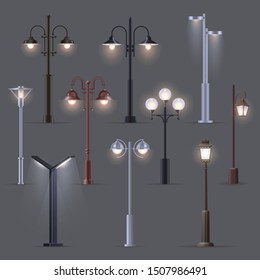 Set of isolated modern street light or old, retro lantern. Electric lights on pillar or post. Metallic classic streetlamp or urban lamppost. Outdoor pole. Street or city, town decoration, electricity
