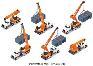 Set of isolated modular frame building isometric icons with images of trucks with cranes and containers vector illustration