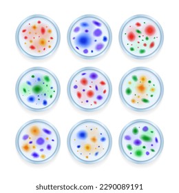 Set of isolated mold fungus bacteria colony spots realistic images on transparent background with editable text vector illustration
